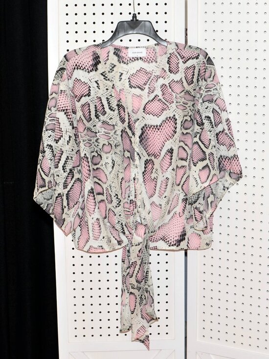 Adrienne Tops - Adrienne Pink & Gray Snake Print V-Neck Front Tie Blouse Kimono Style Sleeves